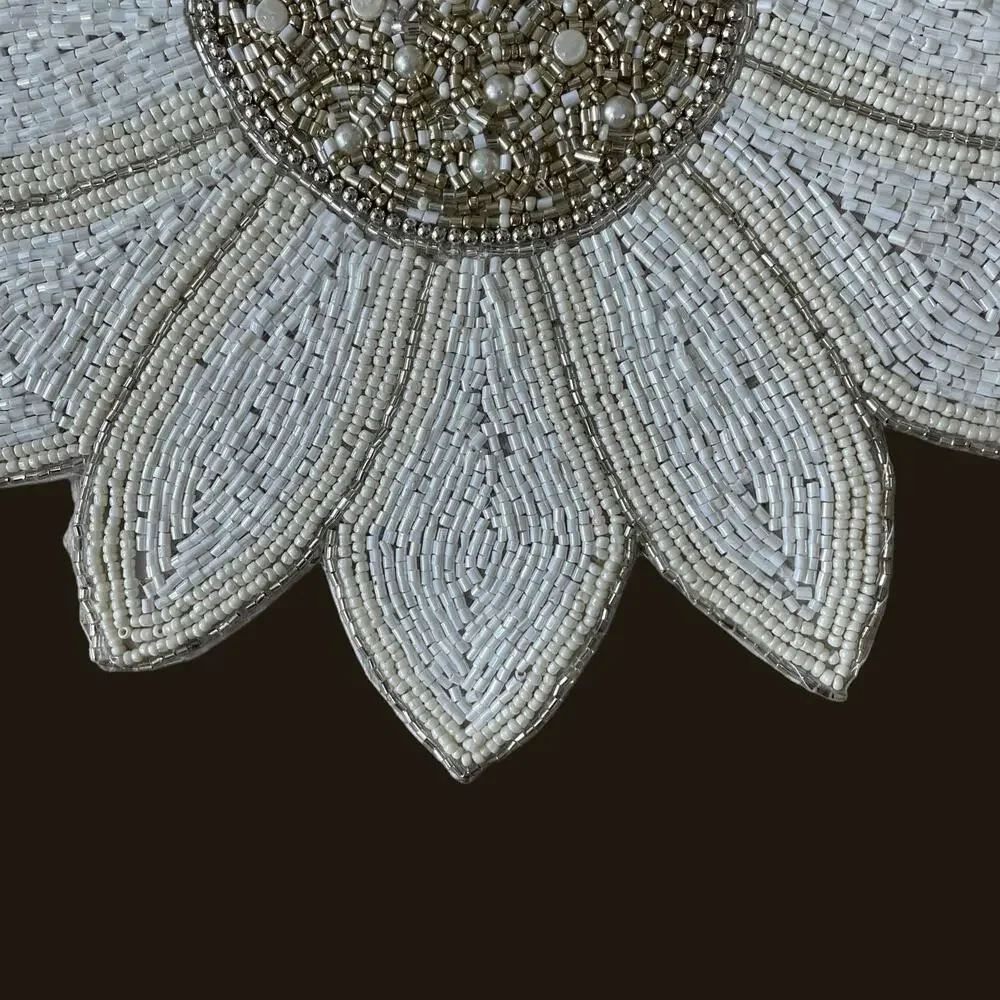TAHARI HOME Glass Hand Beaded Charger Placemat 15in White Silver Floral NEW